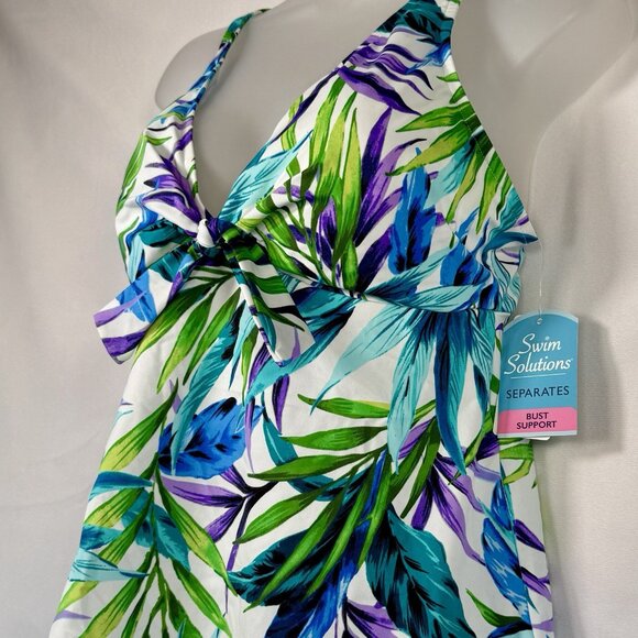 Swim Solutions Blue Palms Printed V-Neck Tankini Swimsuit Trapeze Top Size 12 - Picture 5 of 9
